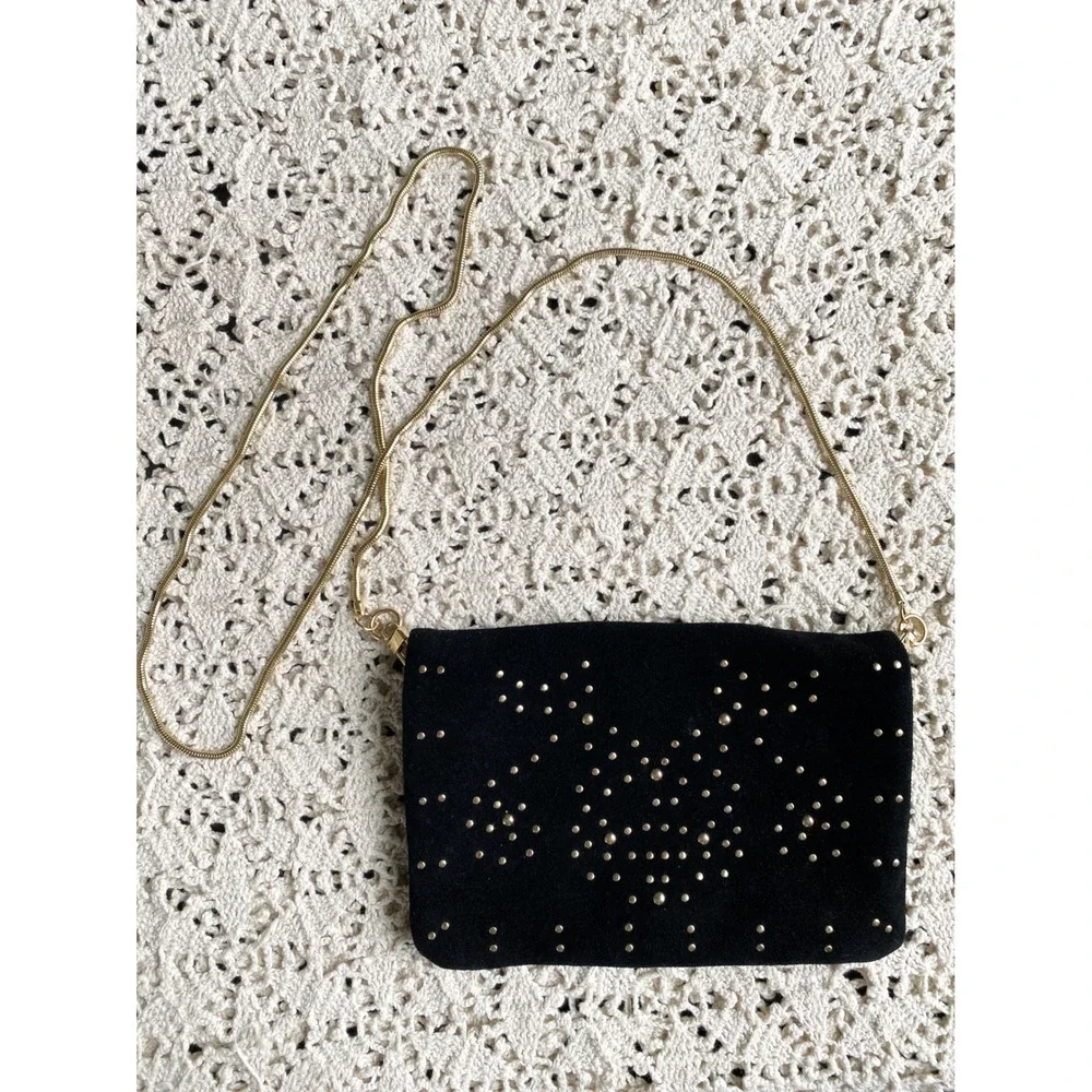 Free People Kingston Crossbody‎ Bag Black Suede Gold Studded Clutch Boho Glam